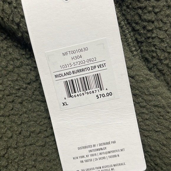 NWT Hurley midland burrito zip vest XL - Picture 7 of 10